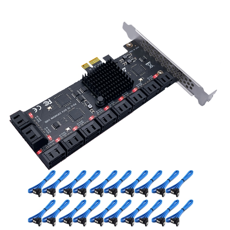 Carte PCIe 1X 6 Gbps SATA 3.0, 20 Ports avec 20 câbles, minage XCH Chia
