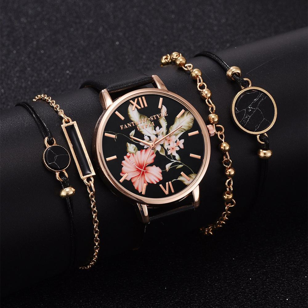 Montre analogique à quartz et bracelets pour femme, Set de 5 pièces