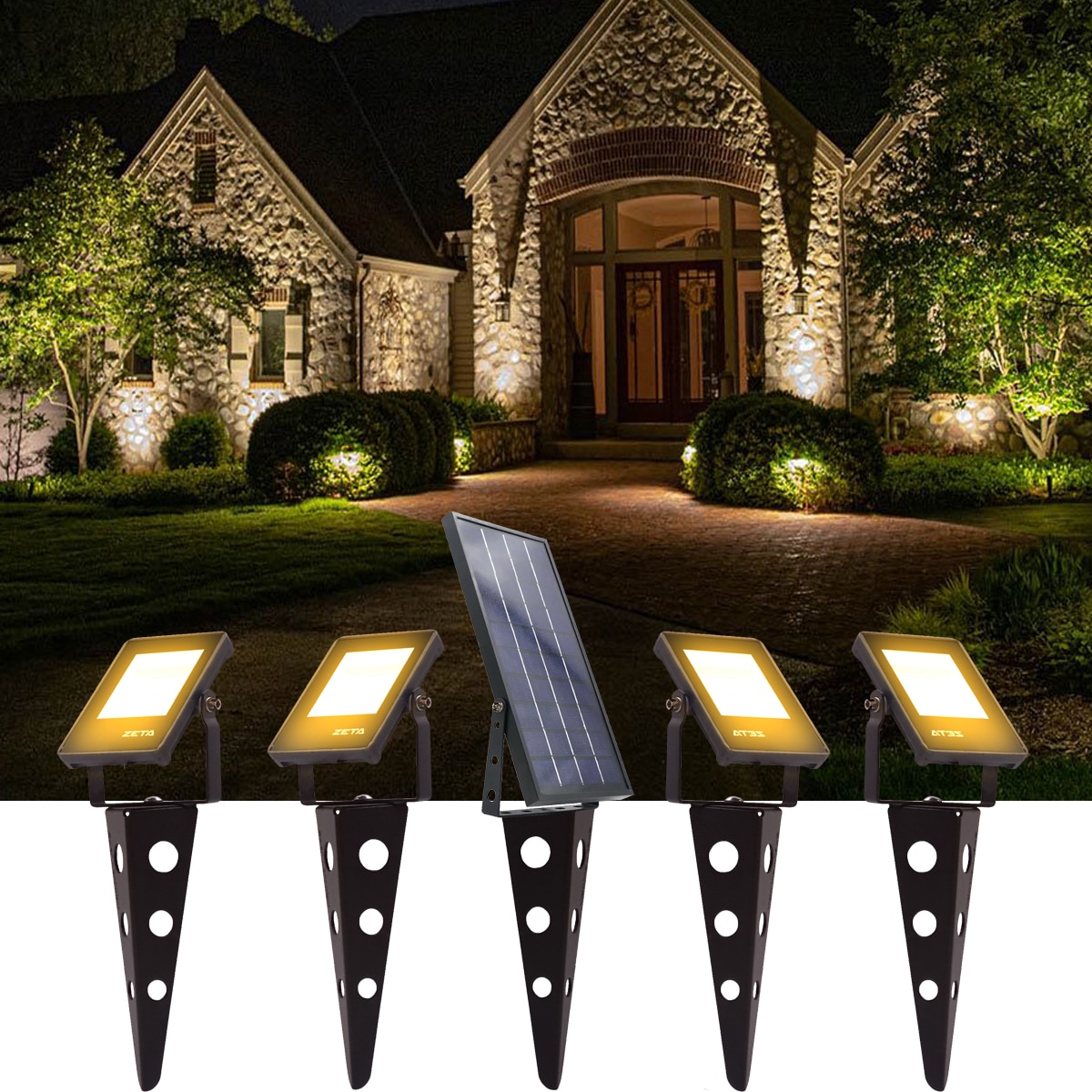 Kit de projecteurs solaires en aluminium 4 en 1, IP65, éclairage blanc chaud