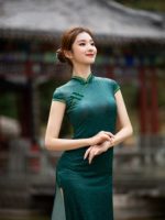 Robe longue de style chinois, Cheongsam améliorée avec bouton de nœud, fente latérale – Image 2