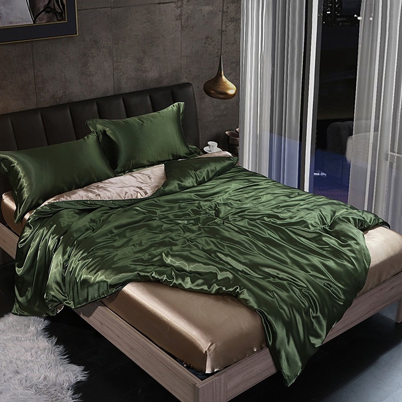 Ensemble 4 pièces 100% satin de soie, housse de couette, drap-housse et taies d'oreiller