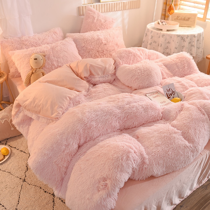 Ensemble 5 pièces, housse de couette en peluche, drap plat, oreiller en forme de cœur et taies d'oreiller