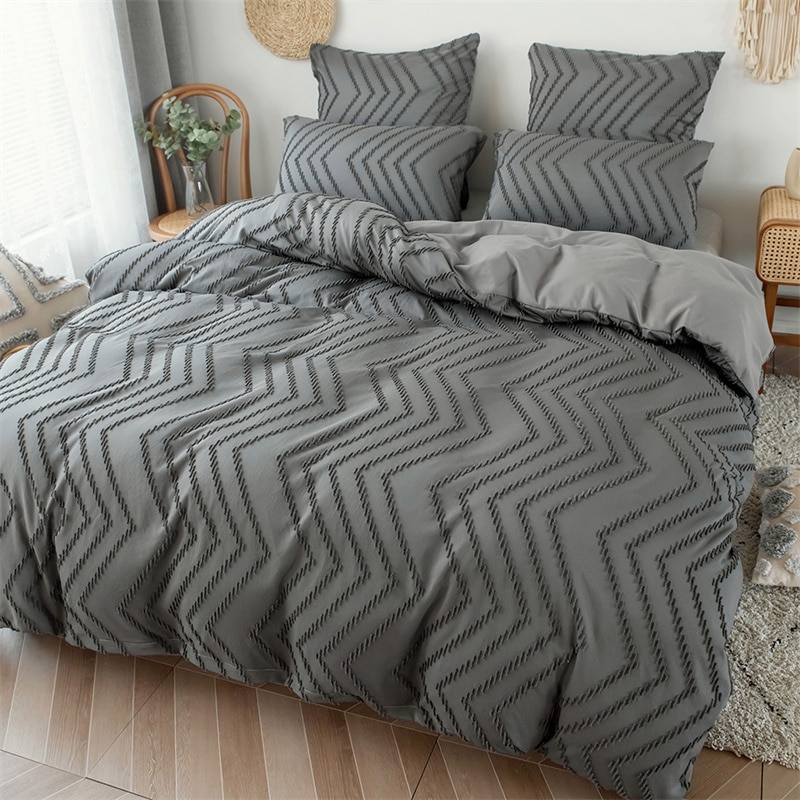 Ensemble 2 à 3 pièces, housse de couette avec taies d'oreiller, rayures, couleur unie