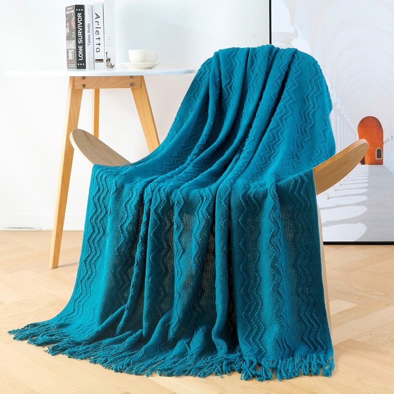 104730-dcmzpu.jpg Couverture tricotée décontractée à rayures, couleur unie, douce et confortable – Image 1