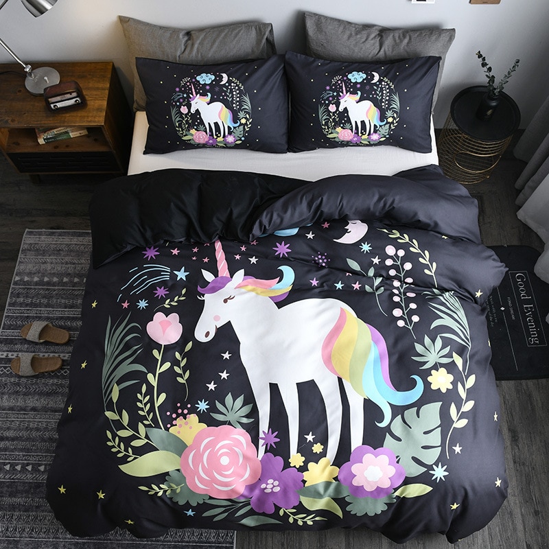 Ensemble 2 à 3 pièces imprimé licorne, housse de couette et taies d'oreiller