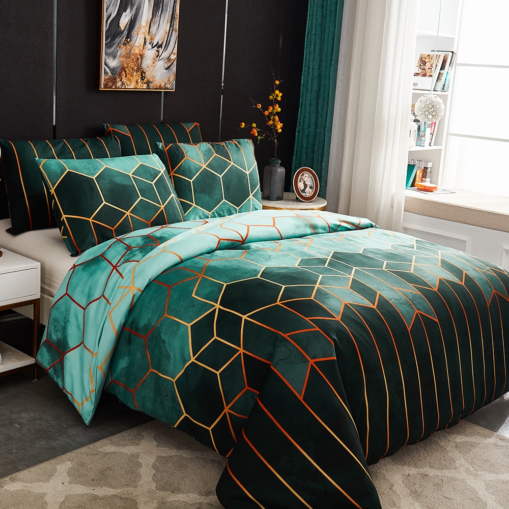 Ensemble 3 pièces avec motif géométrique, housse de couette et taies d'oreiller, drap fin et léger