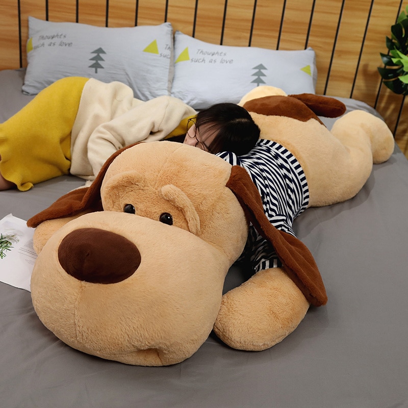 Peluche géante chien couché, doux au toucher, oreiller, de 70 à 130 cm