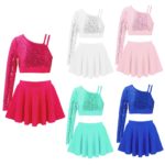 Ensemble 2 pièces de danse à paillettes pour enfant, asymétrique, haut court avec jupe – Image 2