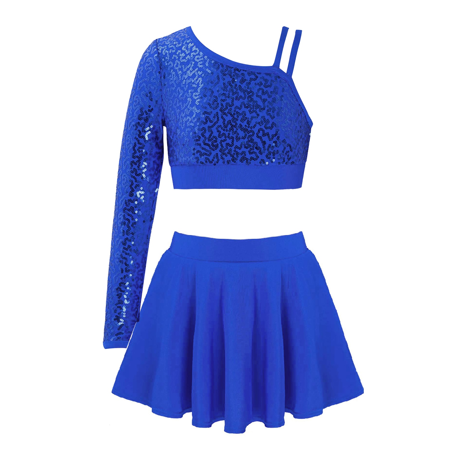 Ensemble 2 pièces de danse à paillettes pour enfant, asymétrique, haut court avec jupe