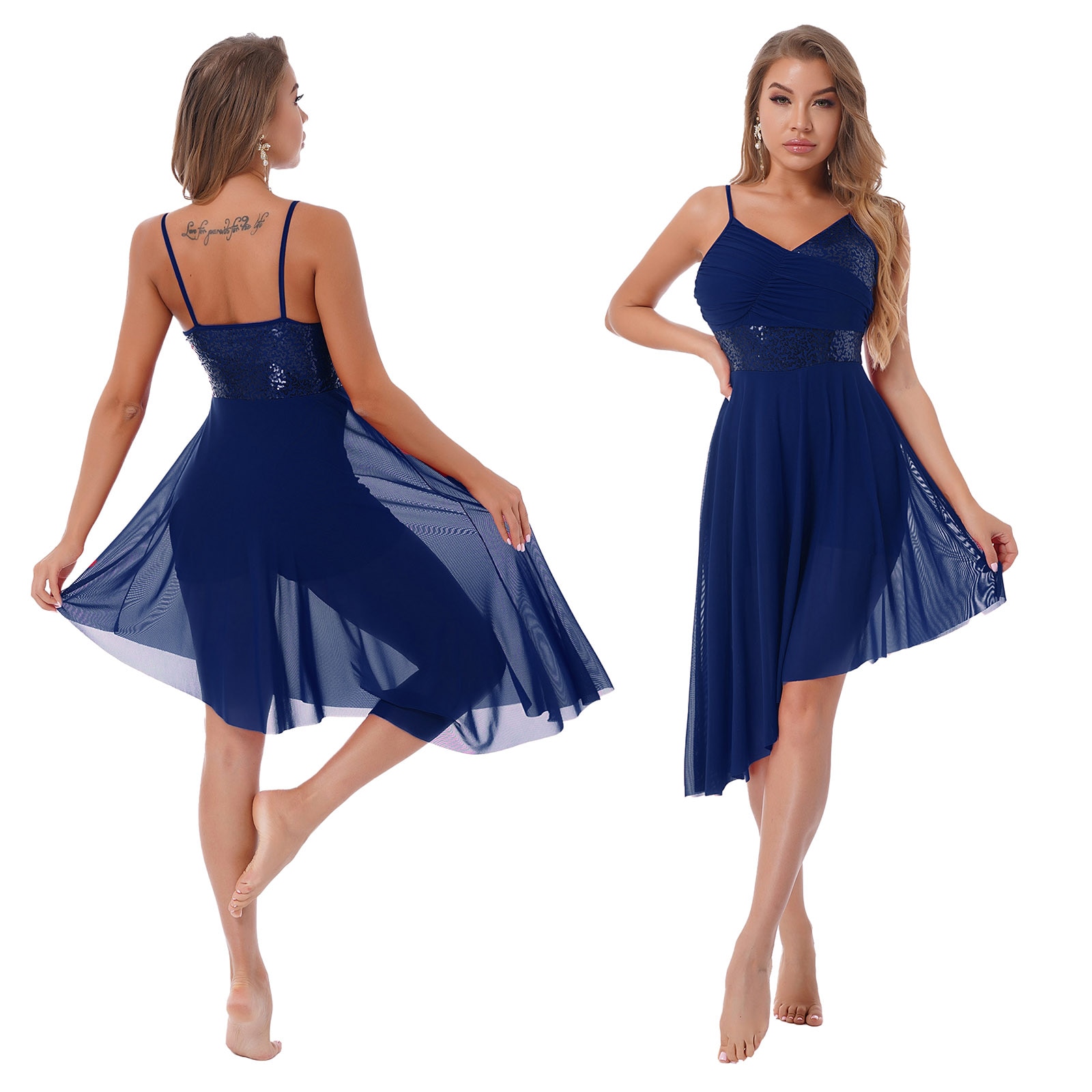 Robe de danse lyrique en maille pour femme, col en V, à paillettes, Tutu de Ballet