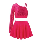 Ensemble 2 pièces de danse à paillettes pour enfant, asymétrique, haut court avec jupe – Image 6