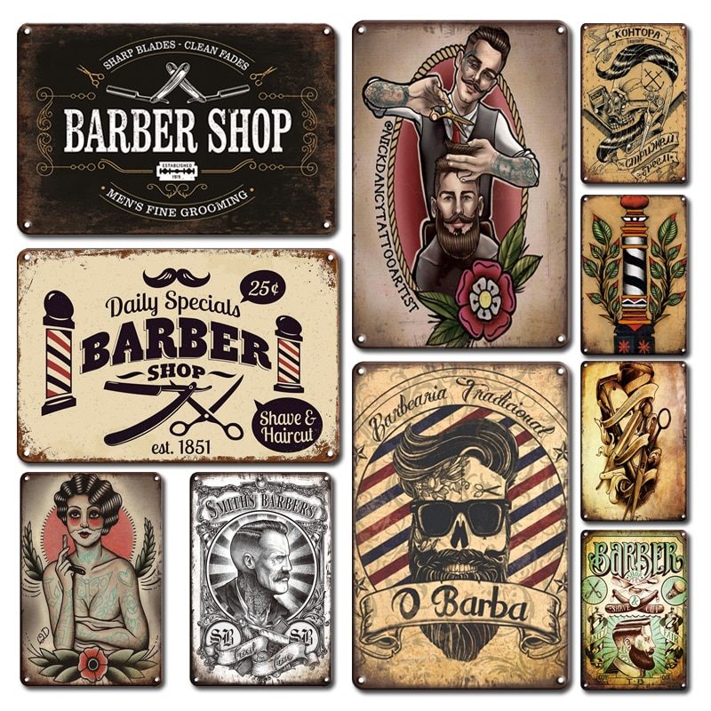 Plaque en métal rétro, barber shop, design, 20×30 cm