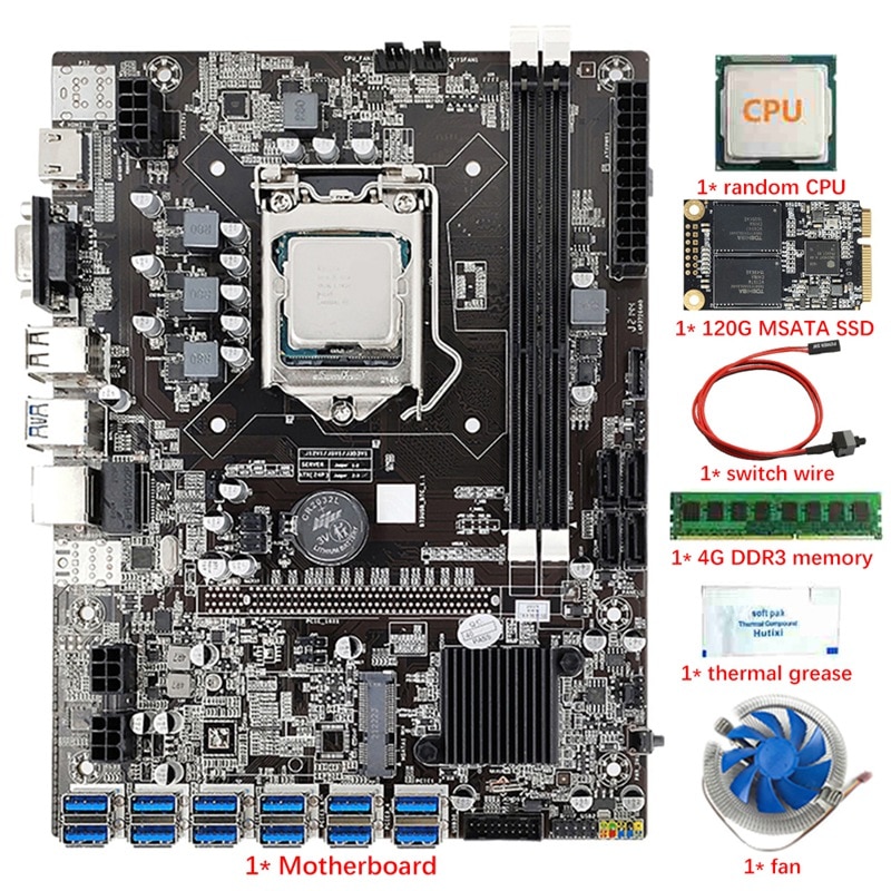 Carte mère B75 ETH Mining, 12 PCIE vers USB, CPU LGA1155, ventilateur, 4 Go DDR3, MSATA 120 Go