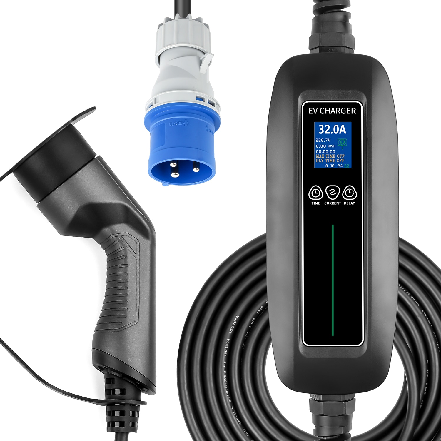 Borne de charge pour voiture électrique EV, câble type 2, 7kw, minuterie réglable, IEC 62196 EVSE