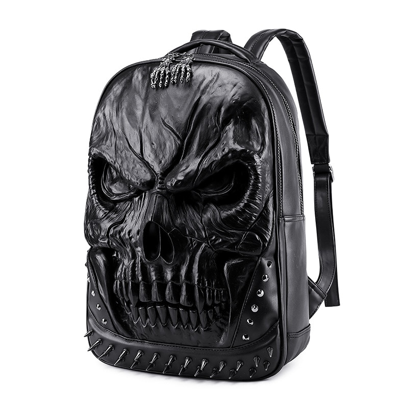 129947-jpmika.jpg Sac à dos en cuir PU épais, Crâne 3D, décontracté, grande capacité, noir – Image 1