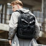 Sac à dos en cuir PU épais, Crâne 3D, décontracté, grande capacité, noir – Image 3