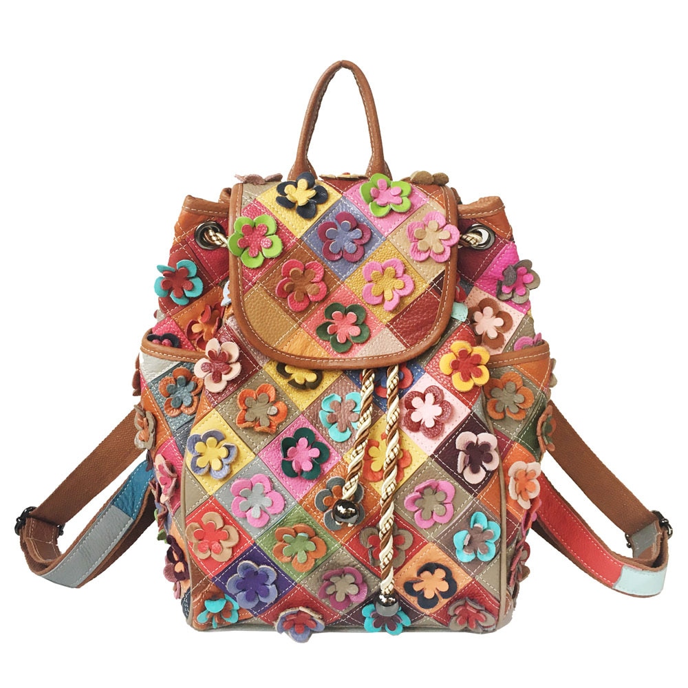 Sac à dos en cuir, champs de fleurs, fourre-tout, muticolore