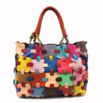 Sac à bandoulière en cuir, à main, décontractée, patchwork, multicolore
