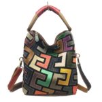 Sac à bandoulière en cuir, grand fourre-tout, patchwork, multicolore – Image 3