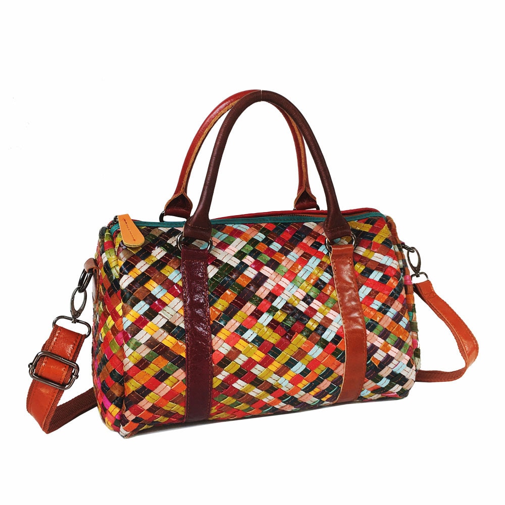Sac à bandoulière en cuir, tissé à la main, arc-en-ciel, fourre-tout, multicolore