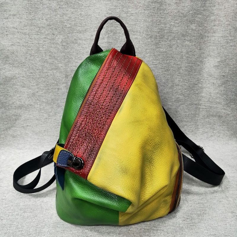 Sac à dos en cuir véritable, multicolore, grande capacité