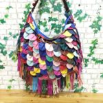 Sac à bandoulière en cuir, Patchwork, pompon, multicolore
