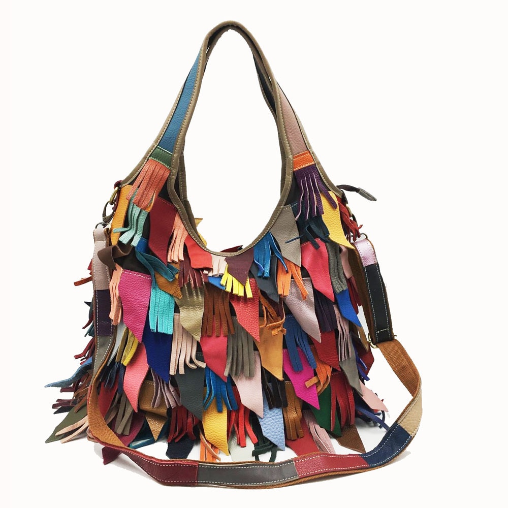 Sac à bandoulière vintage en cuir, à main, à épaule, patchwork, multicolore