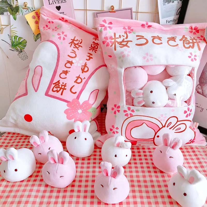 Lot de 8 peluches de petits lapins kawaii, avec oreiller pour rangement, 40 x 50 cm