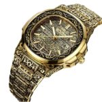 Montre à quartz, gravure orientale, à grand cadran en acier inoxydable, avec calendrier
