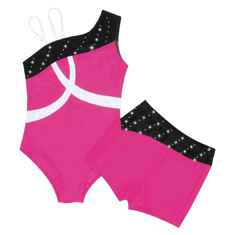 Costume de danse de ballet pour enfant, 2 pièces, sans manches, épaules obliques, strass brillants, Léotard et short