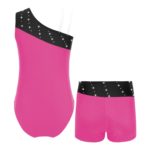 Costume de danse de ballet pour enfant, 2 pièces, sans manches, épaules obliques, strass brillants, Léotard et short – Image 3