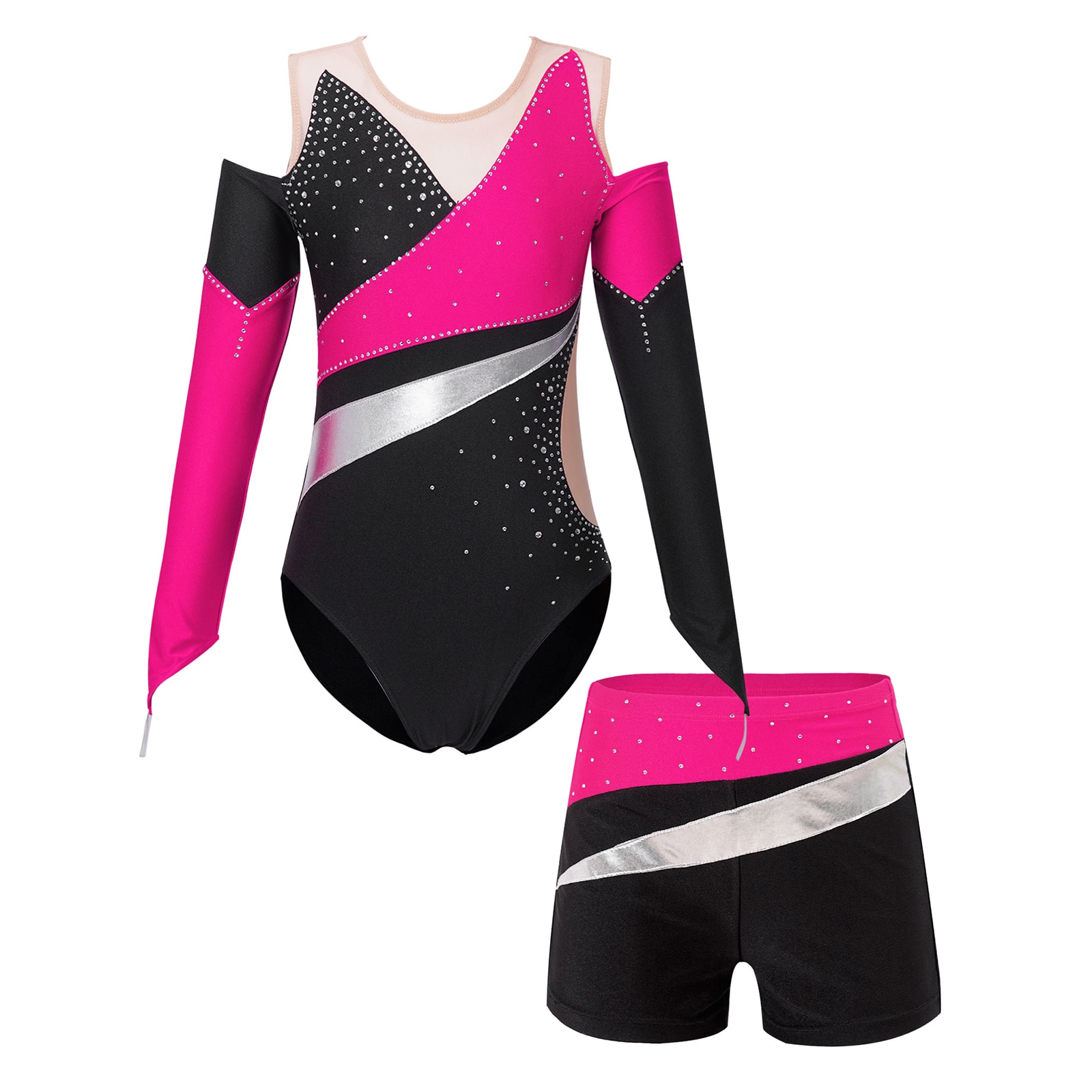 Costume de danse de ballet pour enfant, 2 pièces, léotard et short, avec strass