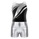 Costume de danse de ballet pour enfant, 2 pièces, léotard et short, patchwork strass brillants – Image 4