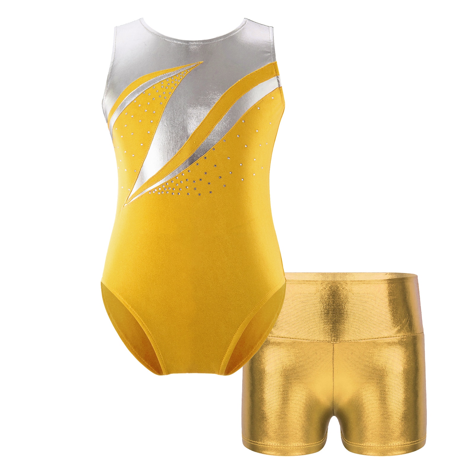 Costume de danse de ballet pour enfant, 2 pièces, léotard et short, patchwork strass brillants