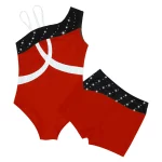 Costume de danse de ballet pour enfant, 2 pièces, sans manches, épaules obliques, strass brillants, Léotard et short – Image 5