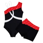 Costume de danse de ballet pour enfant, 2 pièces, sans manches, épaules obliques, strass brillants, Léotard et short – Image 4