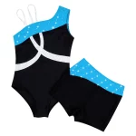 Costume de danse de ballet pour enfant, 2 pièces, sans manches, épaules obliques, strass brillants, Léotard et short – Image 8