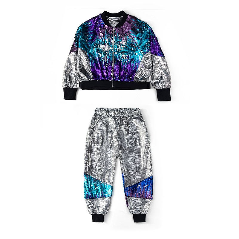 Costume de danse Hip Hop pour enfant, veste et pantalon, ample en argent, vêtements pour performance
