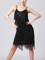Robe de danse latine à franges, à paillettes brillantes, sans manches avec bretelles spaghetti – Image 5