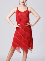 Robe de danse latine à franges, à paillettes brillantes, sans manches avec bretelles spaghetti – Image 16