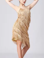 Robe de danse latine à franges, à paillettes brillantes, sans manches avec bretelles spaghetti – Image 18