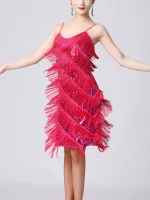 Robe de danse latine à franges, à paillettes brillantes, sans manches avec bretelles spaghetti – Image 9