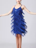 Robe de danse latine à franges, à paillettes brillantes, sans manches avec bretelles spaghetti – Image 12