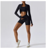 Ensemble de fitness 3 pièces, veste, top, short taille haute, sans couture, anti boulochage, anti-rétrécissement et respirant – Image 9