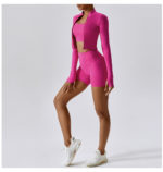 Ensemble de fitness 3 pièces, veste, top, short taille haute, sans couture, anti boulochage, anti-rétrécissement et respirant – Image 13