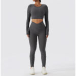 Ensemble de fitness à manches longues 2 pièces, tenue de sport sans couture, anti boulochage, anti-rétrécissement et respirant