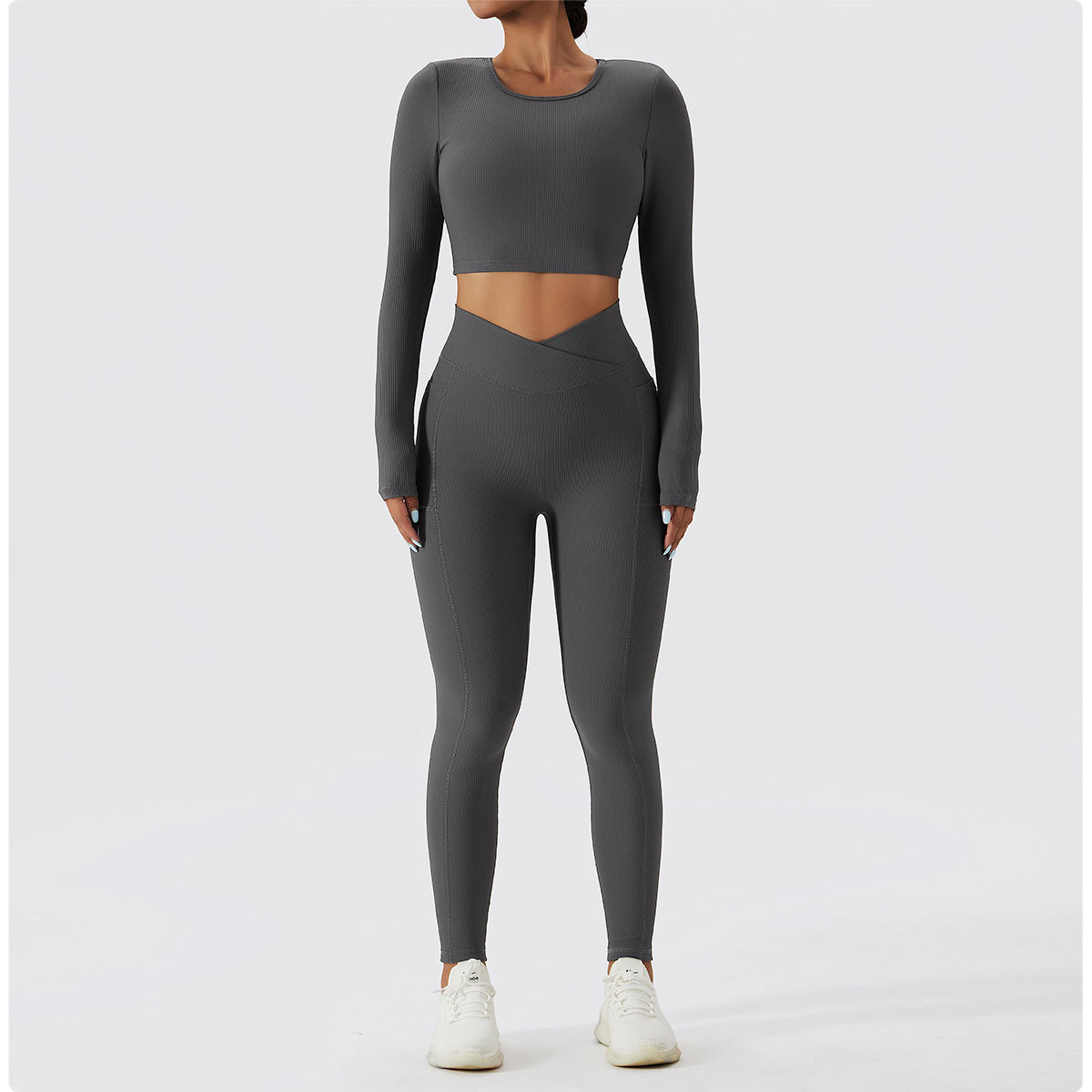Ensemble de fitness à manches longues 2 pièces, tenue de sport sans couture, anti boulochage, anti-rétrécissement et respirant