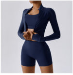 Ensemble de fitness 3 pièces, veste, top, short taille haute, sans couture, anti boulochage, anti-rétrécissement et respirant – Image 11