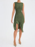 Robe midi froncée à volants, dos nu, sans manches, irrégulière – Image 5