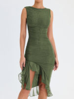 Robe midi froncée à volants, dos nu, sans manches, irrégulière
